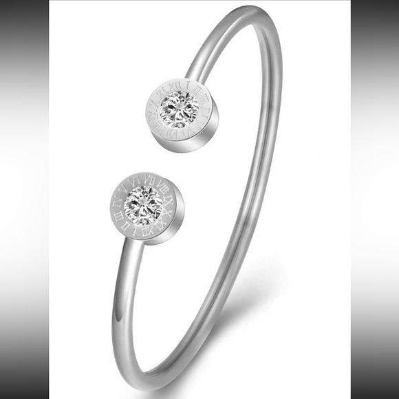 Luxury Roman Numerals Stainless Steel Cuff Inlaid Cubic Zirconia Bracelet - Picture 5 of 11